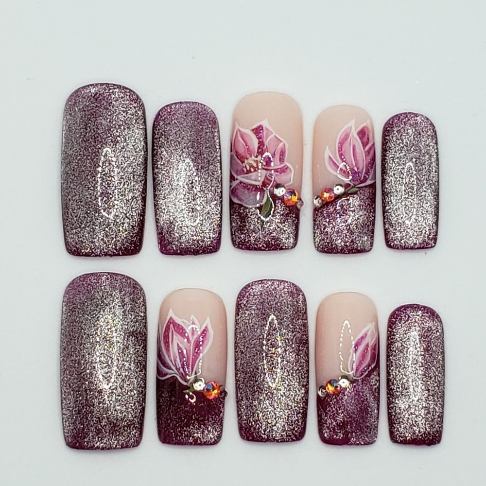 Long Square press on nails " Magical Flowers "